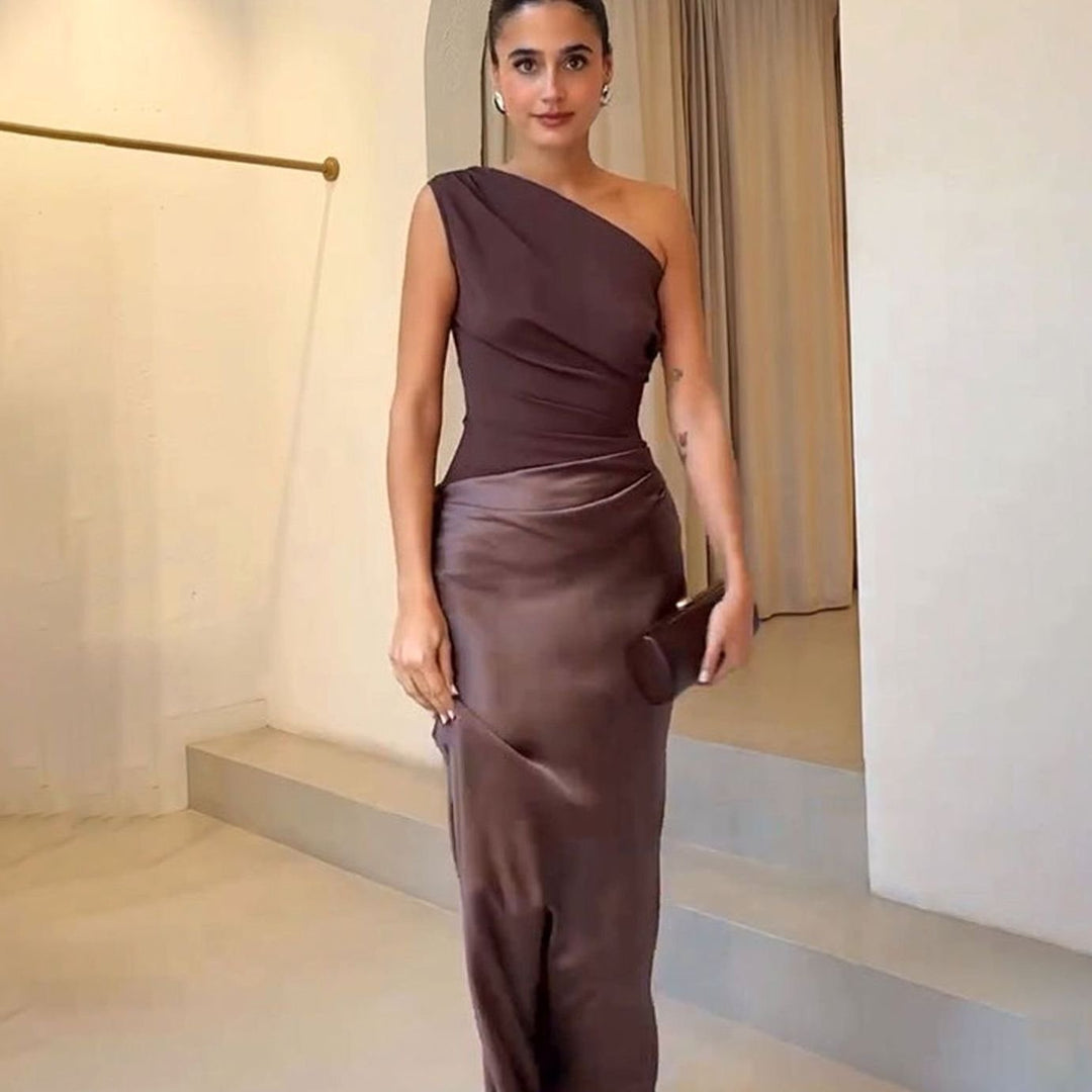 Women's One-Shoulder Sleeveless Ruched Satin Maxi Dress - Dark Brown