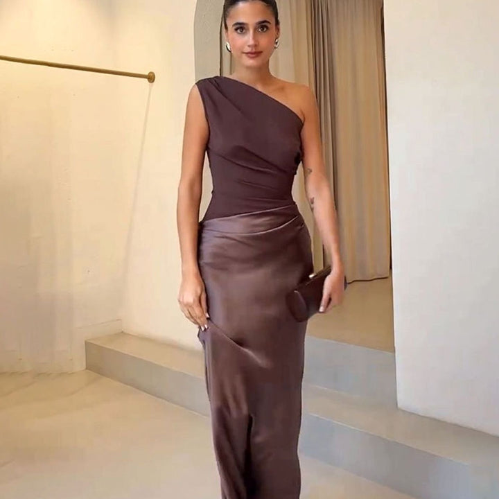 Women's One-Shoulder Sleeveless Ruched Satin Maxi Dress - Dark Brown