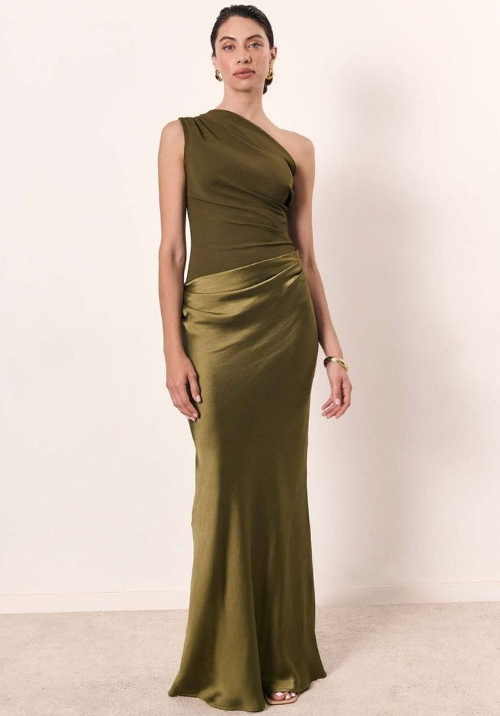 Women's One-Shoulder Sleeveless Ruched Satin Maxi Dress - Matcha