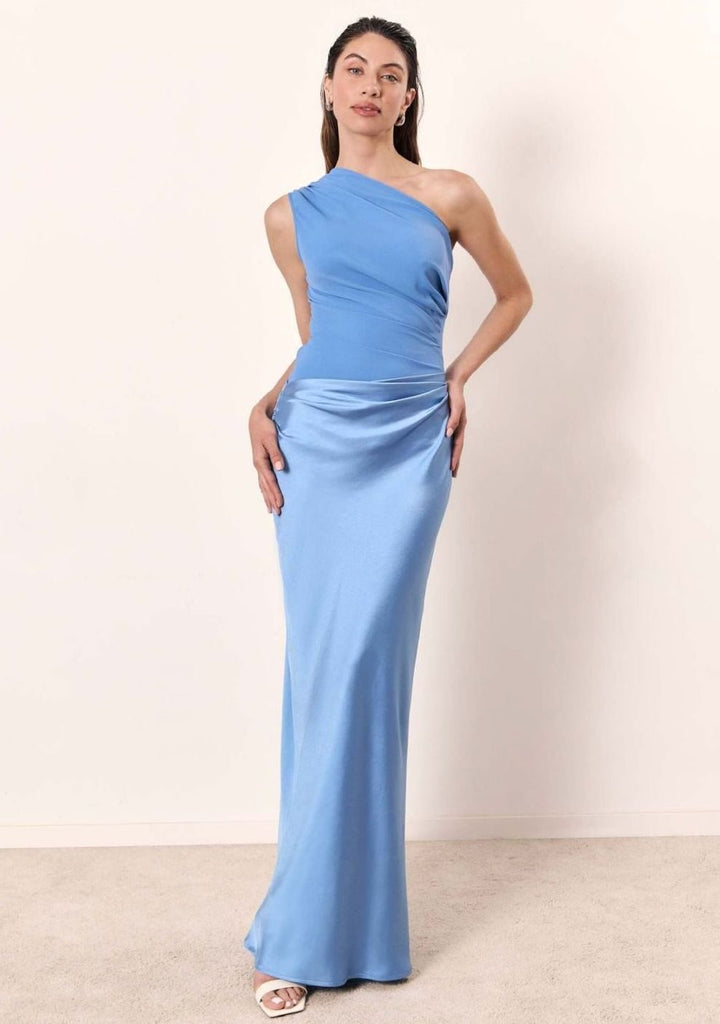 Women's One-Shoulder Sleeveless Ruched Satin Maxi Dress - Sky Blue