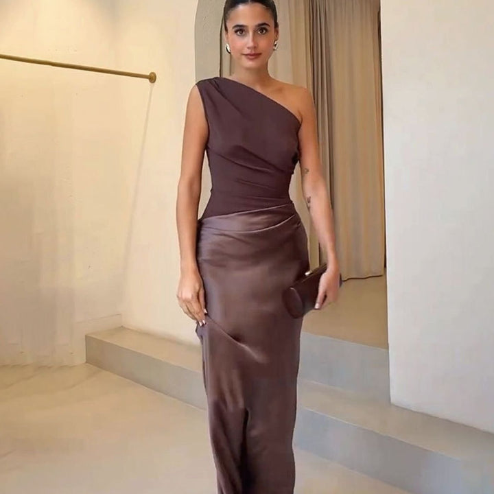 Women's One-Shoulder Sleeveless Ruched Satin Maxi Dress
