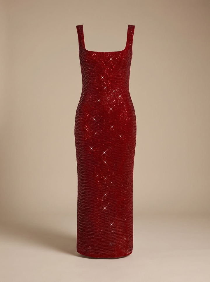 Women's Open-Back Square-Neck Fitted Sequin Maxi Dress