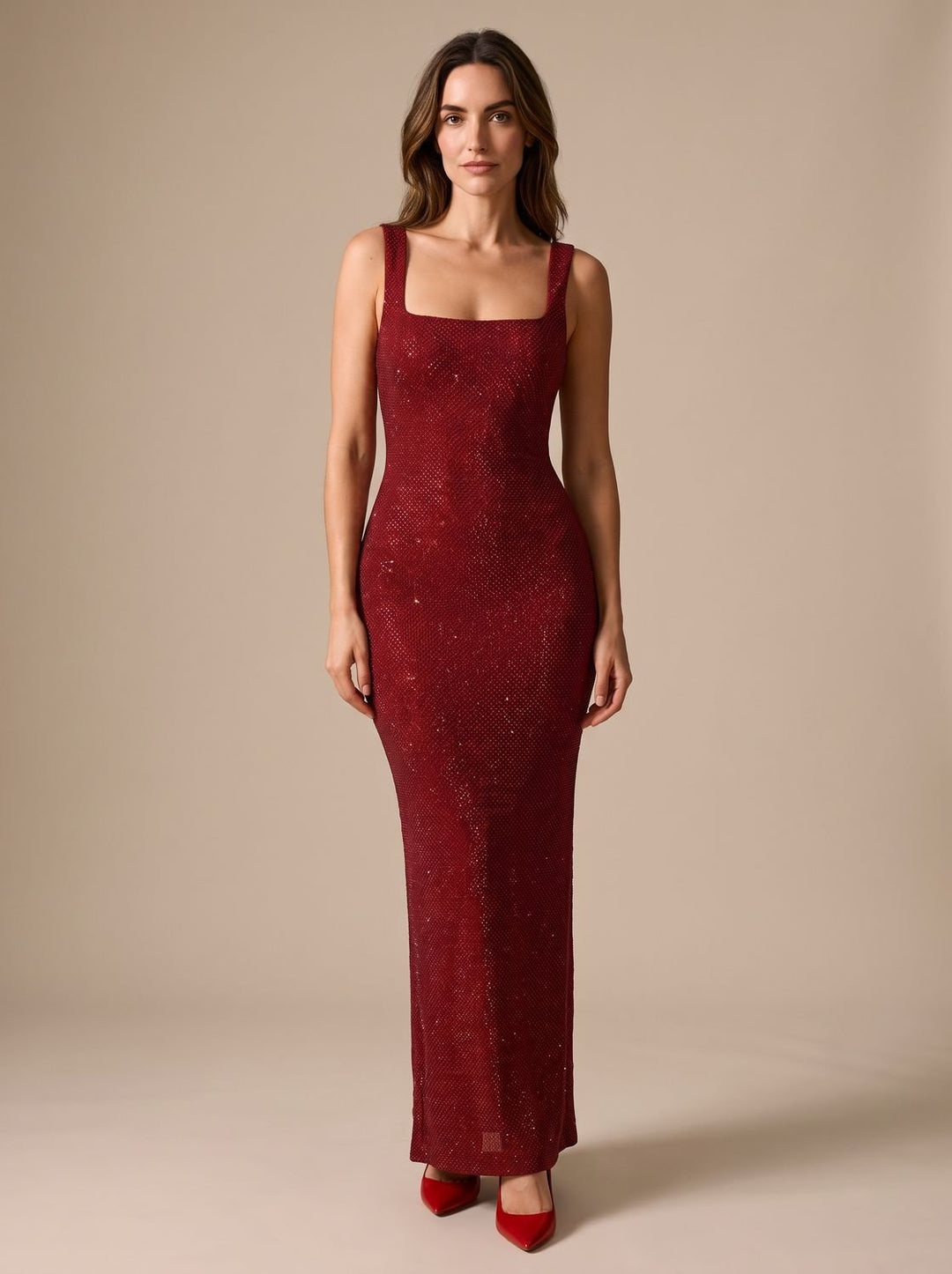 Women's Open-Back Square-Neck Fitted Sequin Maxi Dress - Red