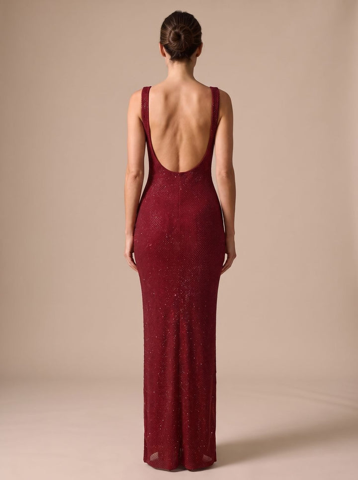 Women's Open-Back Square-Neck Fitted Sequin Maxi Dress