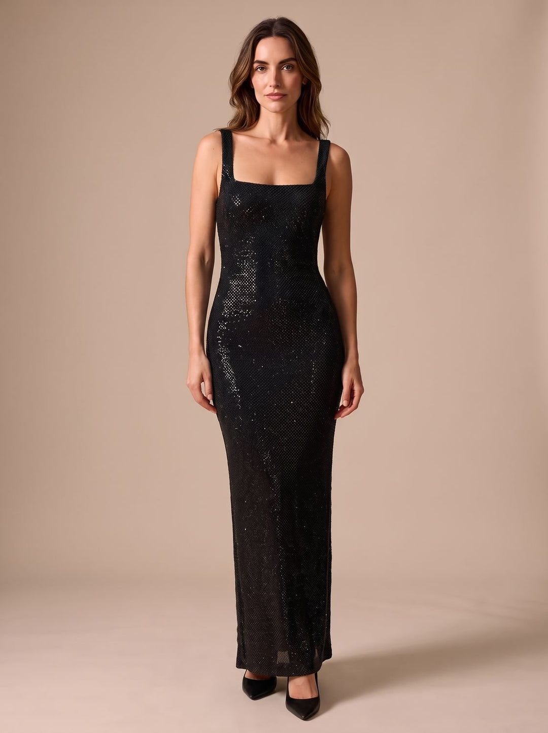 Women's Open-Back Square-Neck Fitted Sequin Maxi Dress - Black