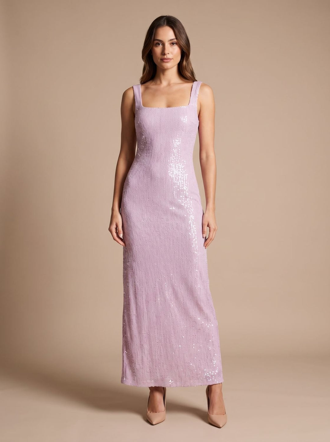 Women's Open-Back Square-Neck Fitted Sequin Maxi Dress - Pink