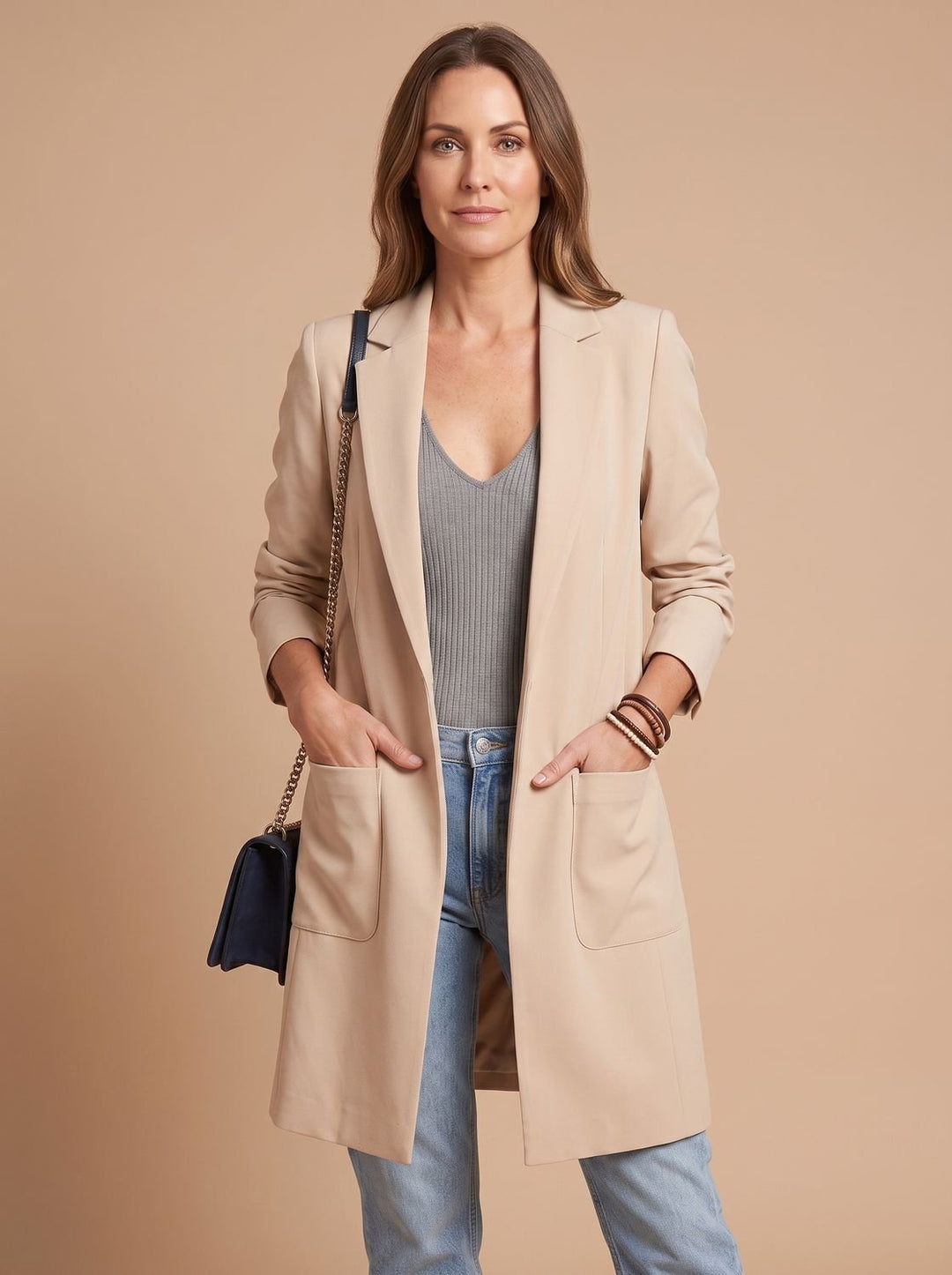 Women's Open-Front Lapel Long-Sleeve Casual Smart Blazer - Apricot