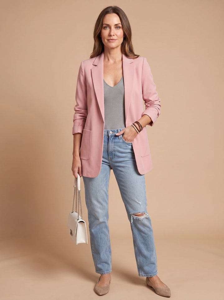 Women's Open-Front Lapel Long-Sleeve Casual Smart Blazer - Pink