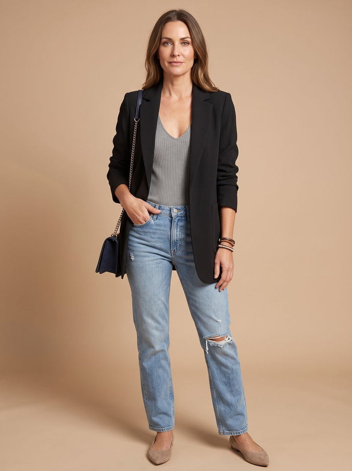 Women's Open-Front Lapel Long-Sleeve Casual Smart Blazer - Black
