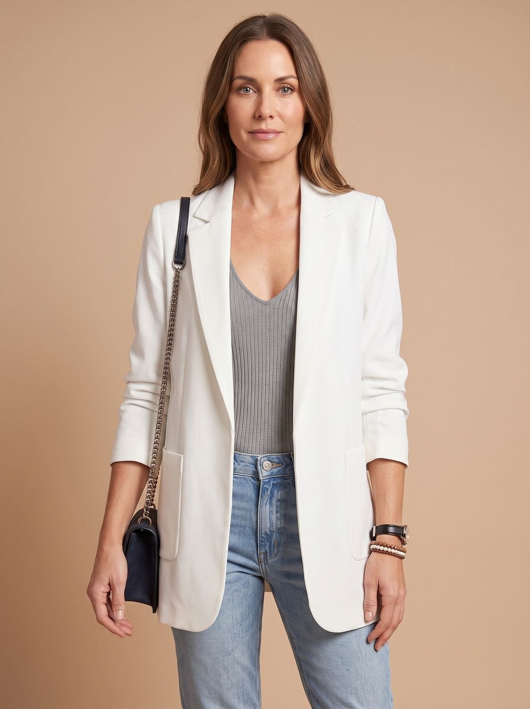 Women's Open-Front Lapel Long-Sleeve Casual Smart Blazer - White