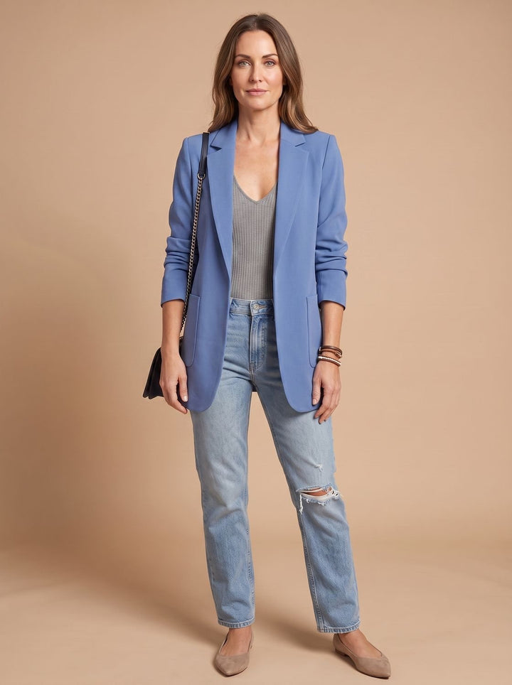 Women's Open-Front Lapel Long-Sleeve Casual Smart Blazer - Blue