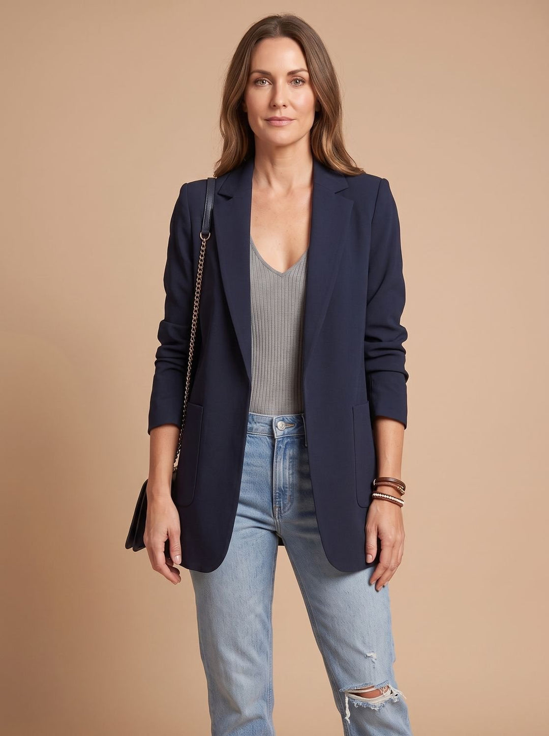 Women's Open-Front Lapel Long-Sleeve Casual Smart Blazer - Dark Blue