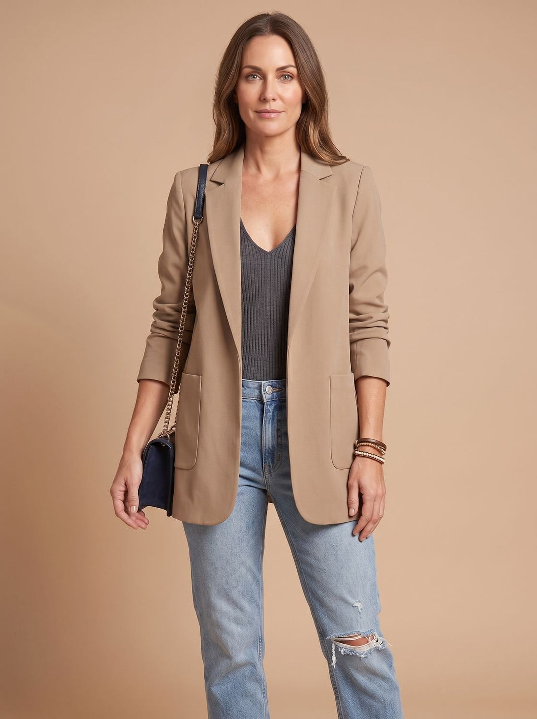 Women's Open-Front Lapel Long-Sleeve Casual Smart Blazer - Khaki