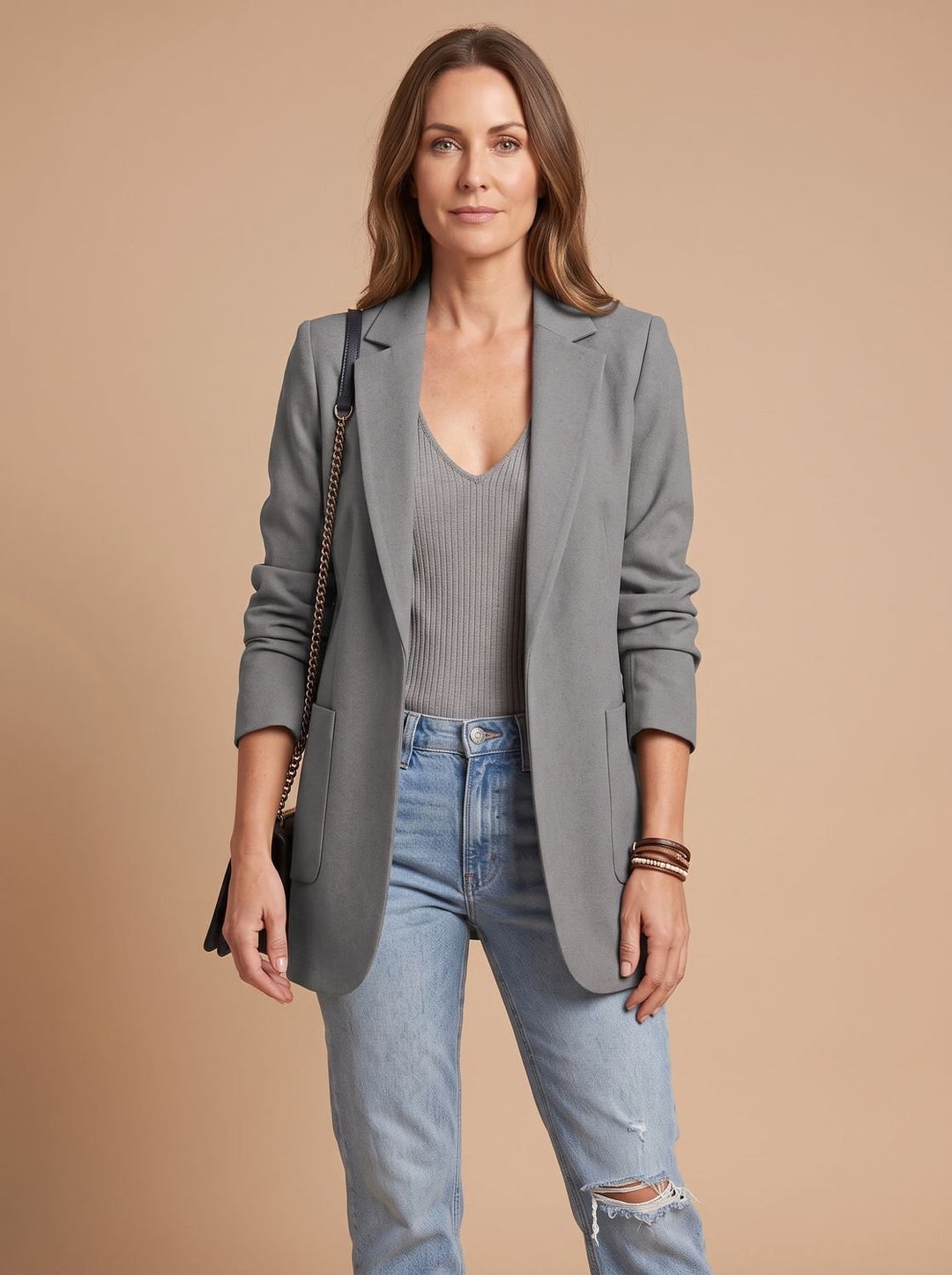 Women's Open-Front Lapel Long-Sleeve Casual Smart Blazer - Grey