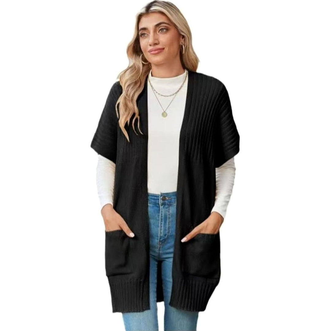 Women's Open-Front Short-Sleeve Ribbed Knit Cardigan with Pockets - Black