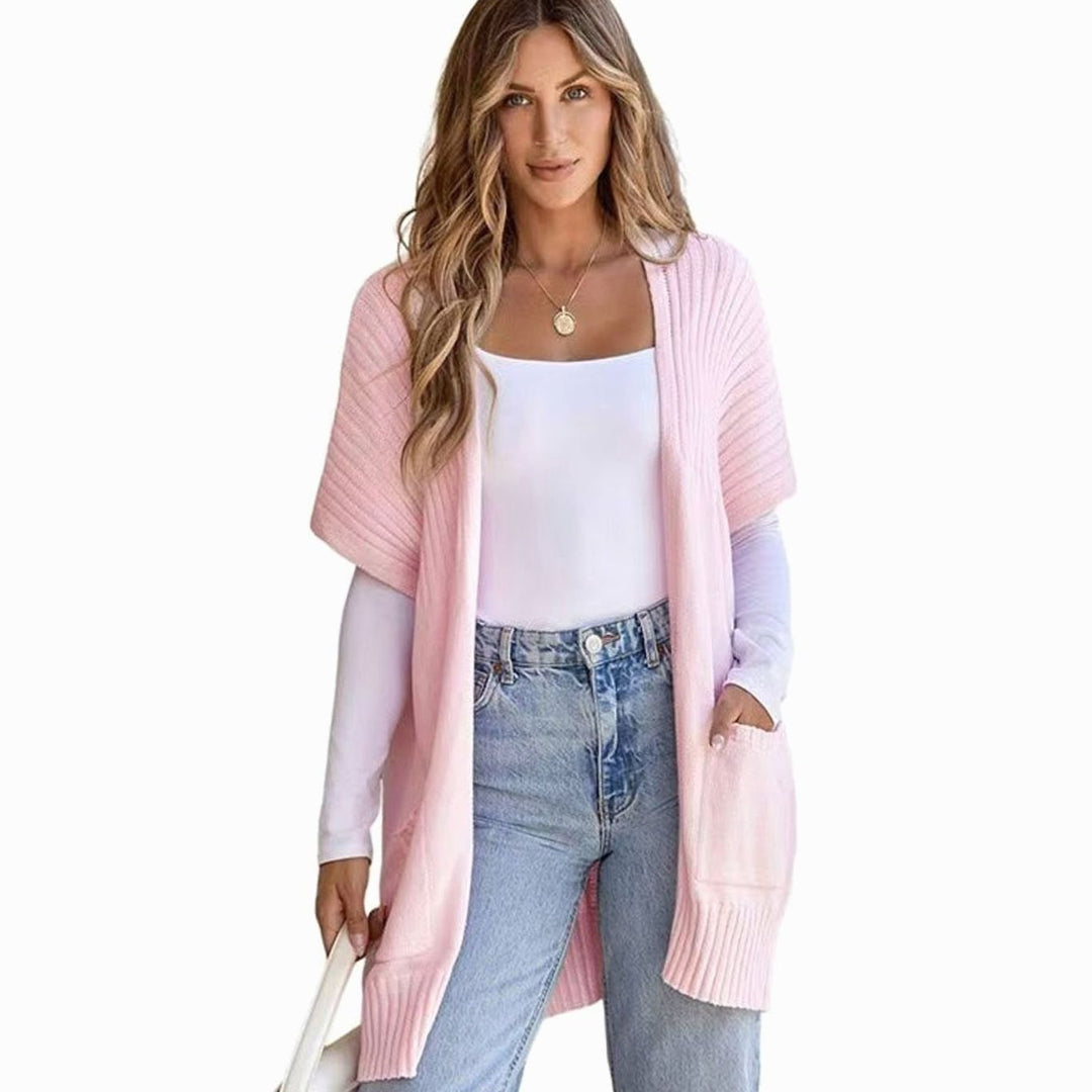 Women's Open-Front Short-Sleeve Ribbed Knit Cardigan with Pockets - Pink