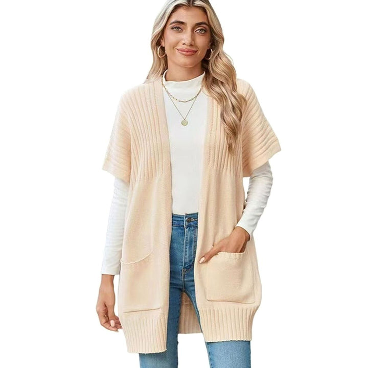 Women's Open-Front Short-Sleeve Ribbed Knit Cardigan with Pockets - Apricot