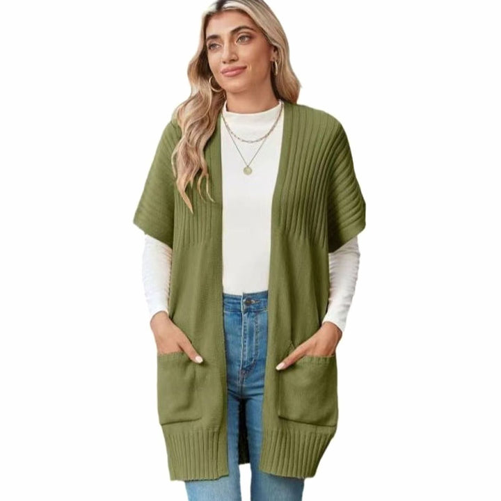 Women's Open-Front Short-Sleeve Ribbed Knit Cardigan with Pockets - Army Green