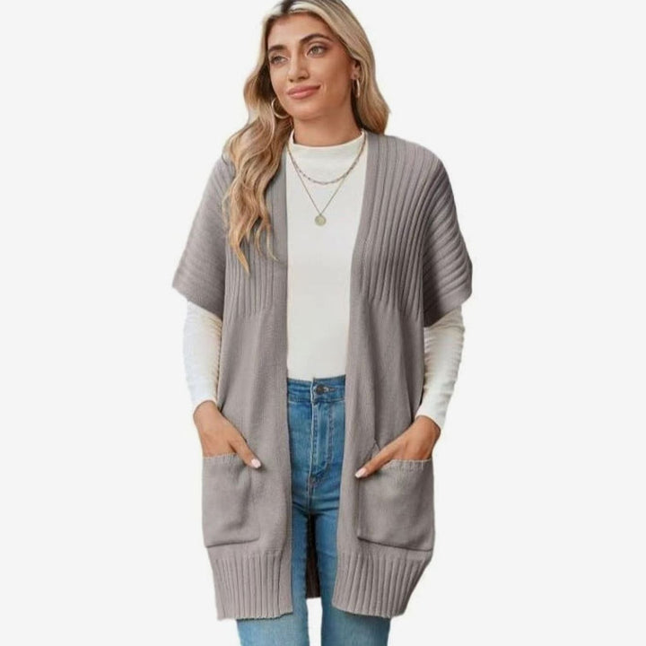 Women's Open-Front Short-Sleeve Ribbed Knit Cardigan with Pockets - Light Gray
