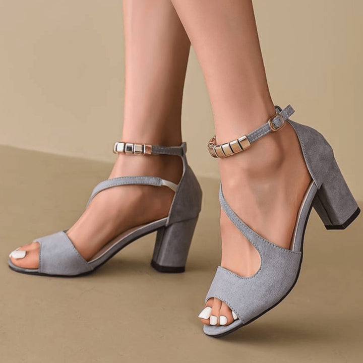 Women's Open Toe Block Heel Ankle Strap Heels Suede Sandals - Grey