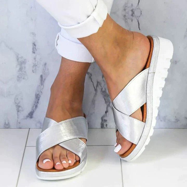 Women's Orthopedic Adjustable Cross-Strap Slide Sandals - Silver