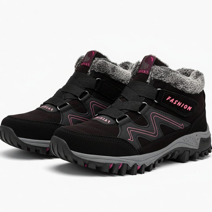 Women's Orthopedic Ankle Boots Faux Fur Lug-Sole Winter Sneaker Boots - Black Pink