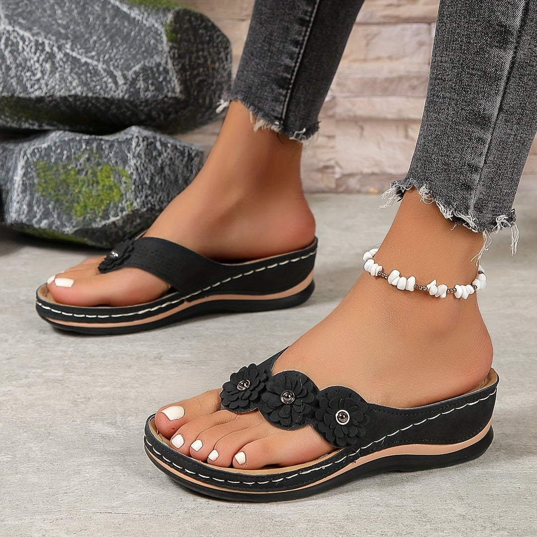 Women's Orthopedic Arch-Support Floral Wedge Thong Sandals