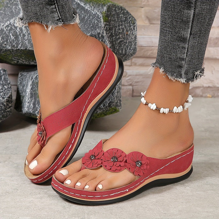 Women's Orthopedic Arch-Support Floral Wedge Thong Sandals - Red