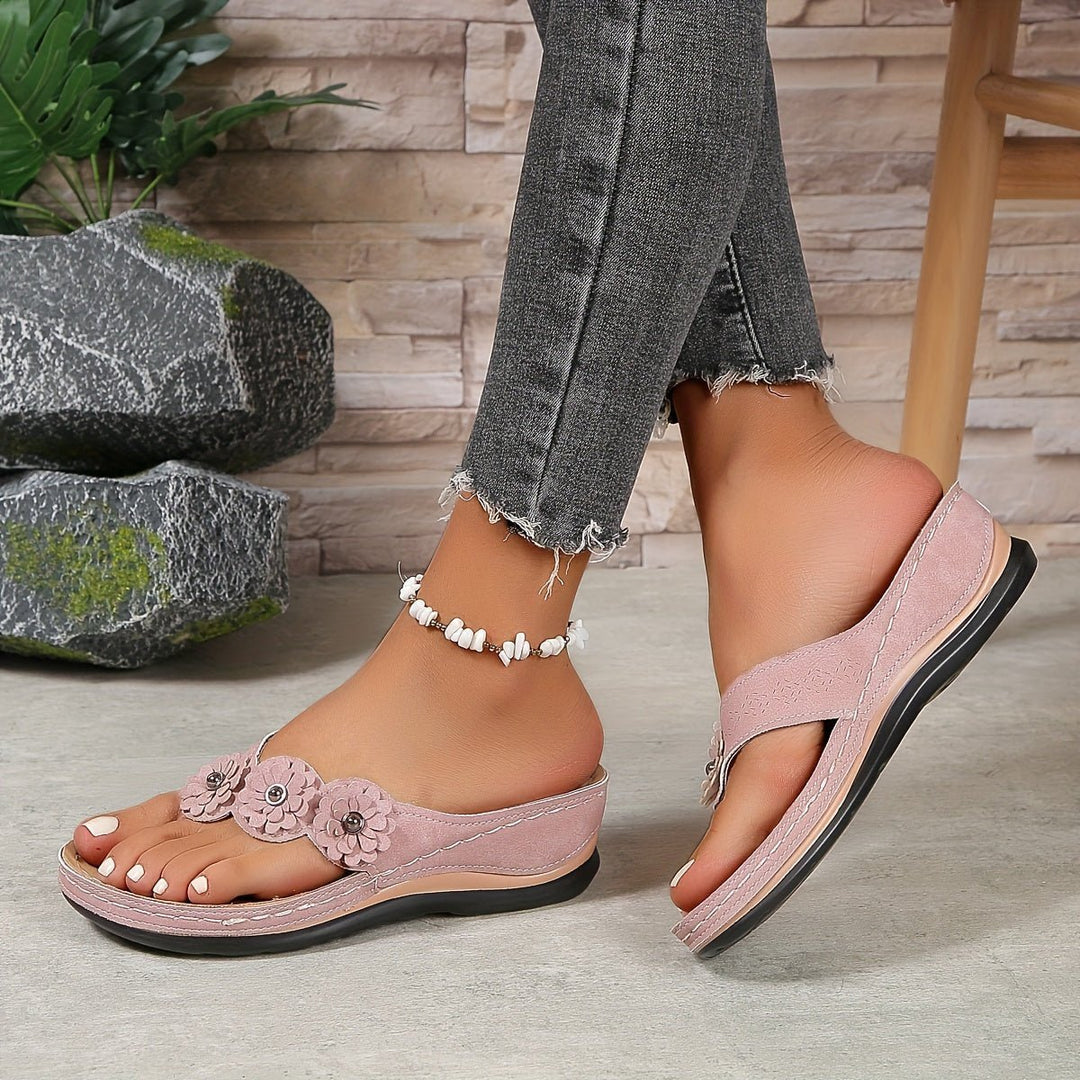 Women's Orthopedic Arch-Support Floral Wedge Thong Sandals