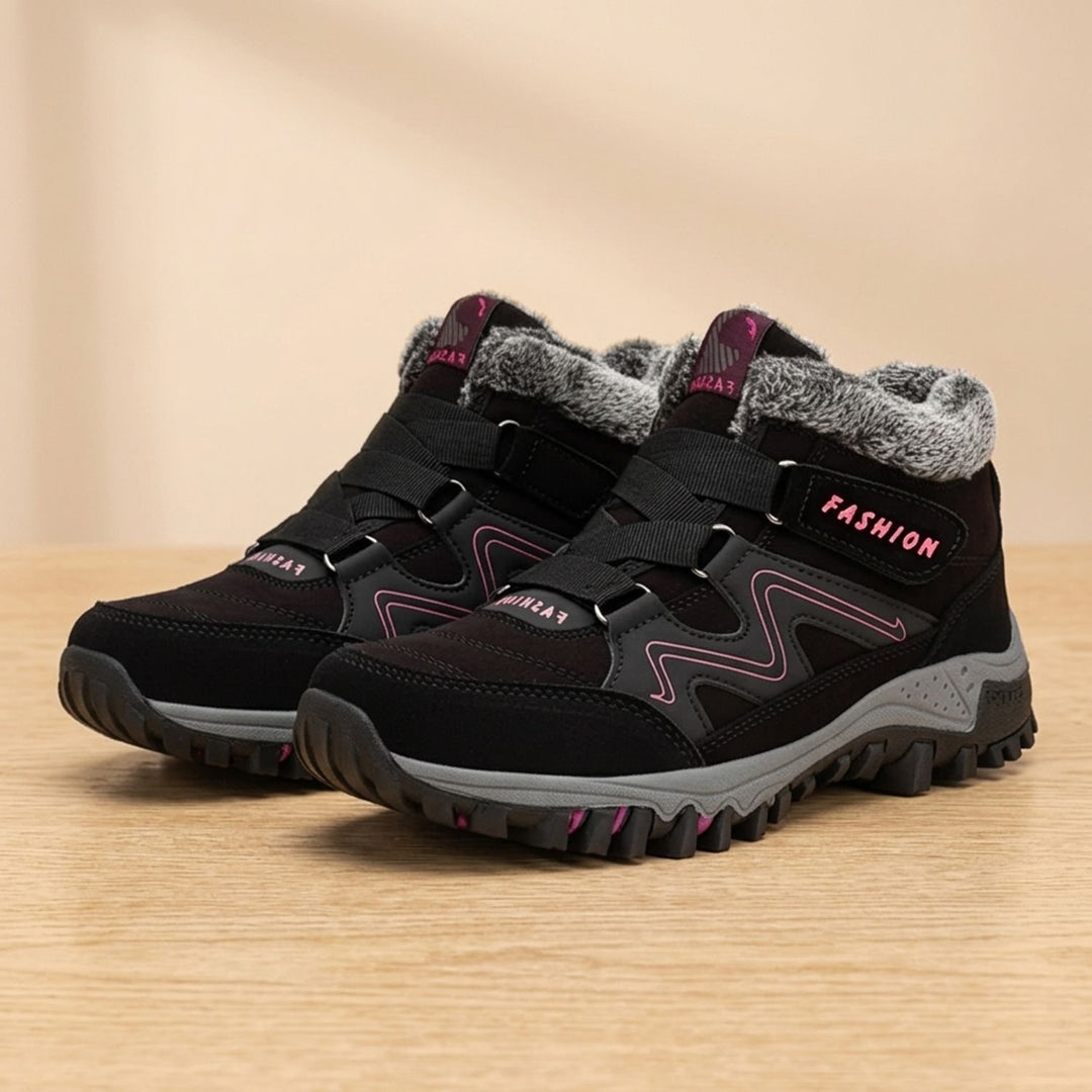 Women's Orthopedic Boots Faux Fur Lace-Up Winter Ankle Boots - Black Pink