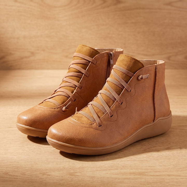Women's Orthopedic Boots Lace-Up Side-Zip Flat Ankle Booties - Brown