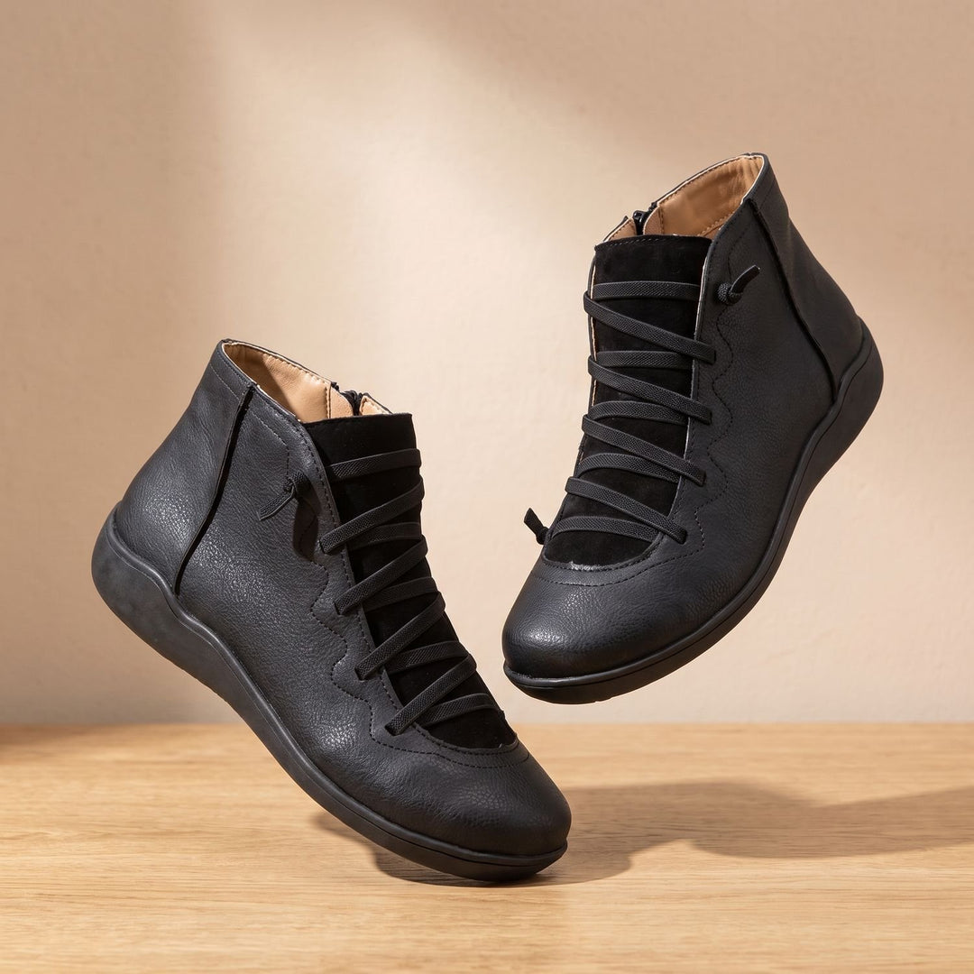 Women's Orthopedic Boots Lace-Up Side-Zip Flat Ankle Booties - Black