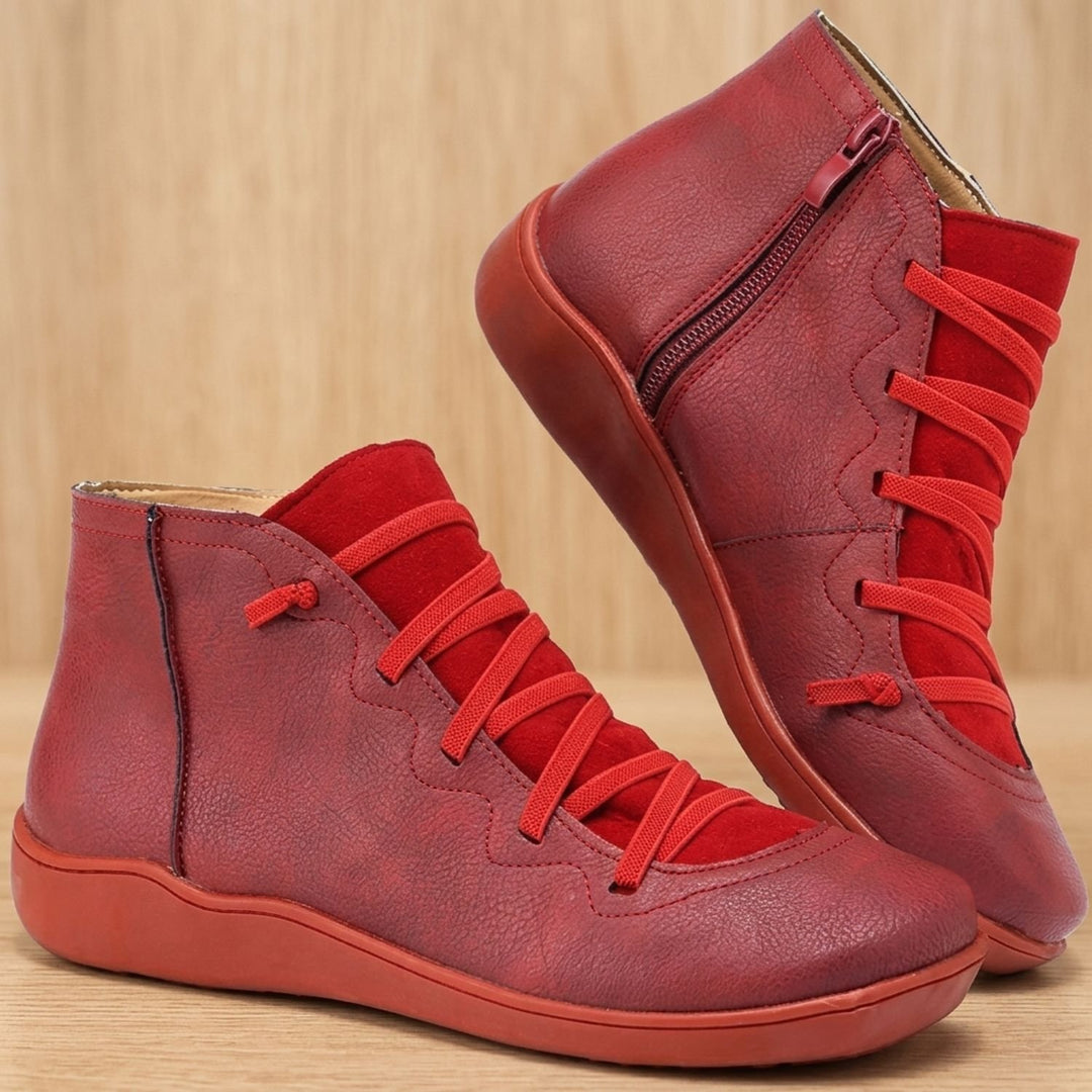Women's Orthopedic Boots Lace-Up Side-Zip Flat Ankle Booties - Red