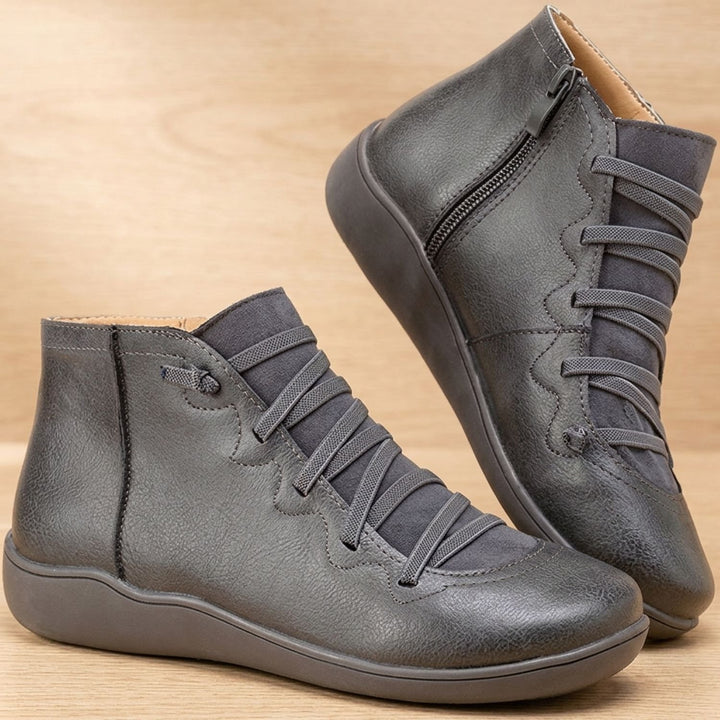 Women's Orthopedic Boots Lace-Up Side-Zip Flat Ankle Booties - Gray