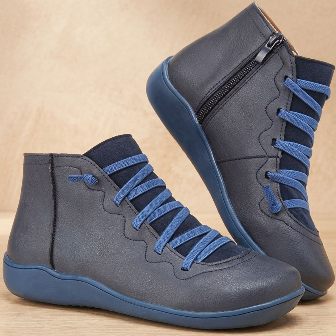 Women's Orthopedic Boots Lace-Up Side-Zip Flat Ankle Booties - Blue