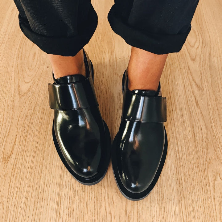 Women's Orthopedic Dress Shoes Glossy Strap Slip-On Loafers - Black