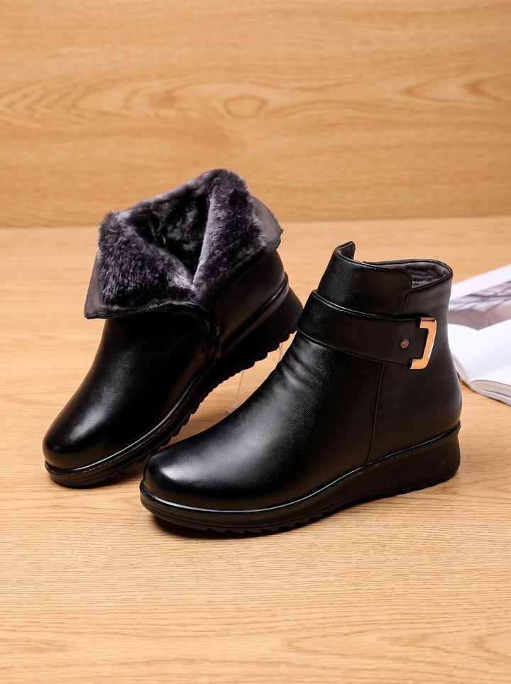 Women's Orthopedic Fur-Lined Wedge Ankle Boots - Black