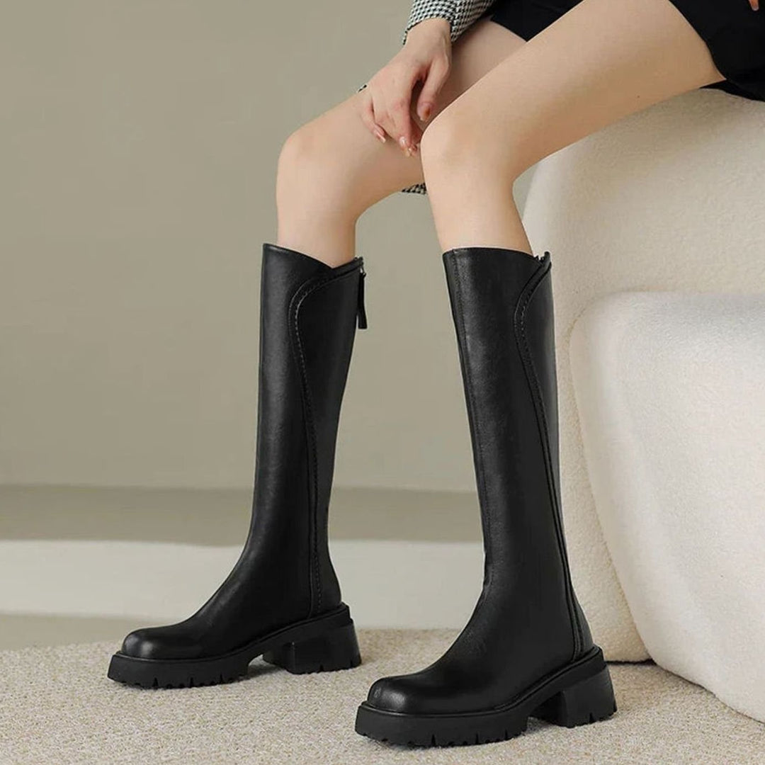 Women's Orthopedic Knee-High Back-Zip Leather Boots - Black Fur