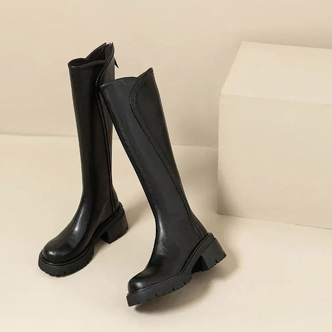 Women's Orthopedic Knee-High Back-Zip Leather Boots - Black