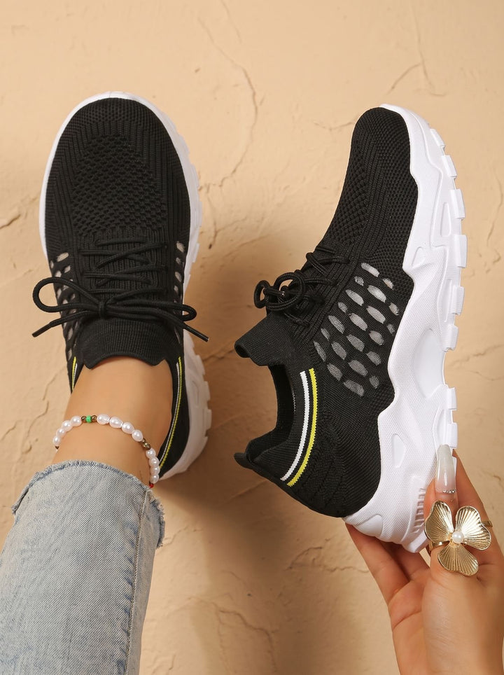 Women's Orthopedic Lace-Up Chunky Sole Mesh Sneakers - Black