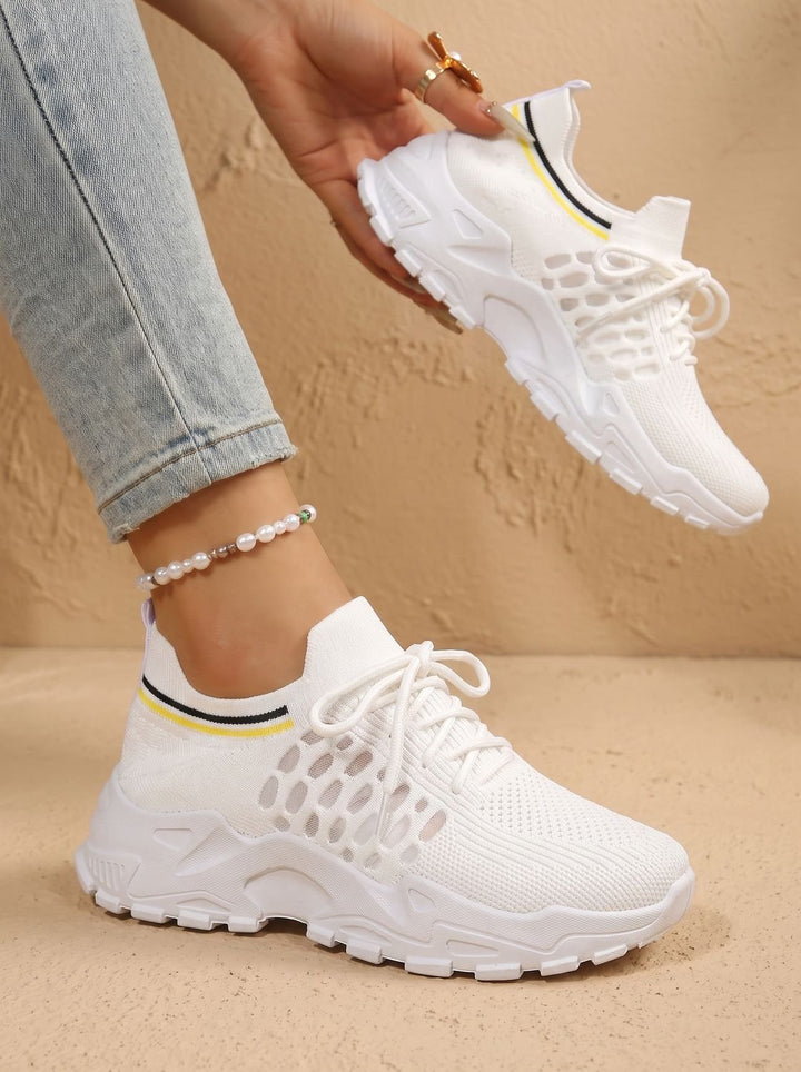 Women's Orthopedic Lace-Up Chunky Sole Mesh Sneakers - White
