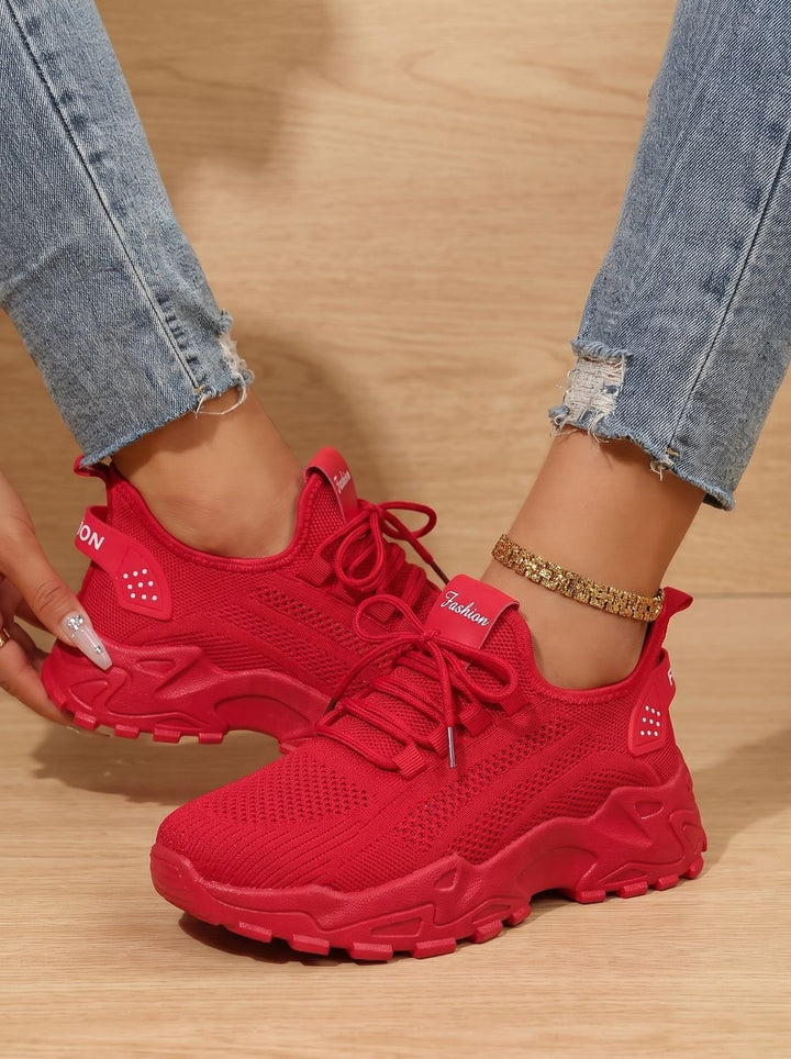 Women's Orthopedic Lace-Up Chunky Sole Mesh Sneakers - Red