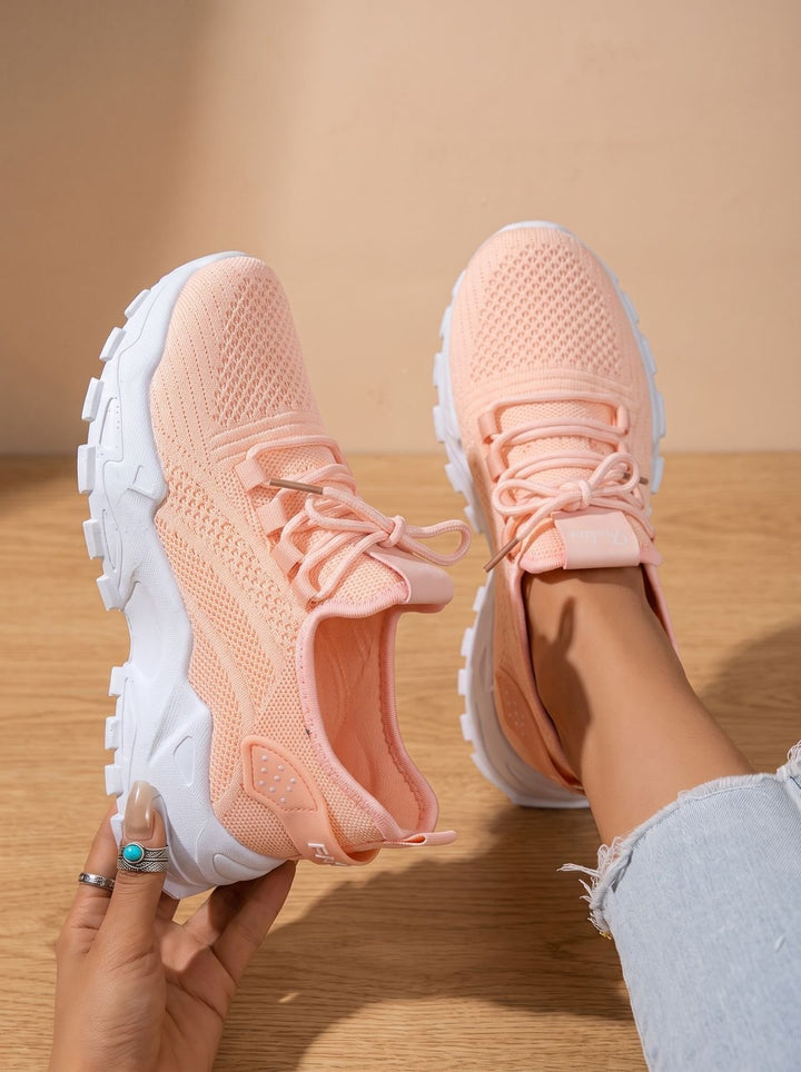 Women's Orthopedic Lace-Up Chunky Sole Mesh Sneakers - Peach