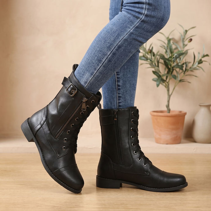 Women's Orthopedic Lace-Up Combat Boots Wide Toe Box - Black