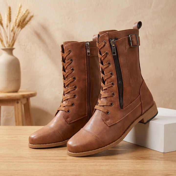 Women's Orthopedic Lace-Up Combat Boots Wide Toe Box - Brown