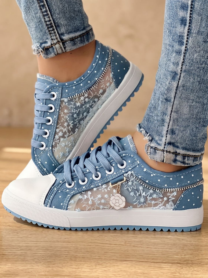 Women's Orthopedic Lace-Up Floral Mesh Low-Top Sneakers - Light Blue
