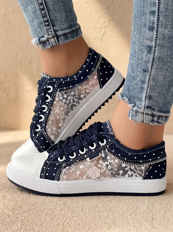 Women's Orthopedic Lace-Up Floral Mesh Low-Top Sneakers - Navy