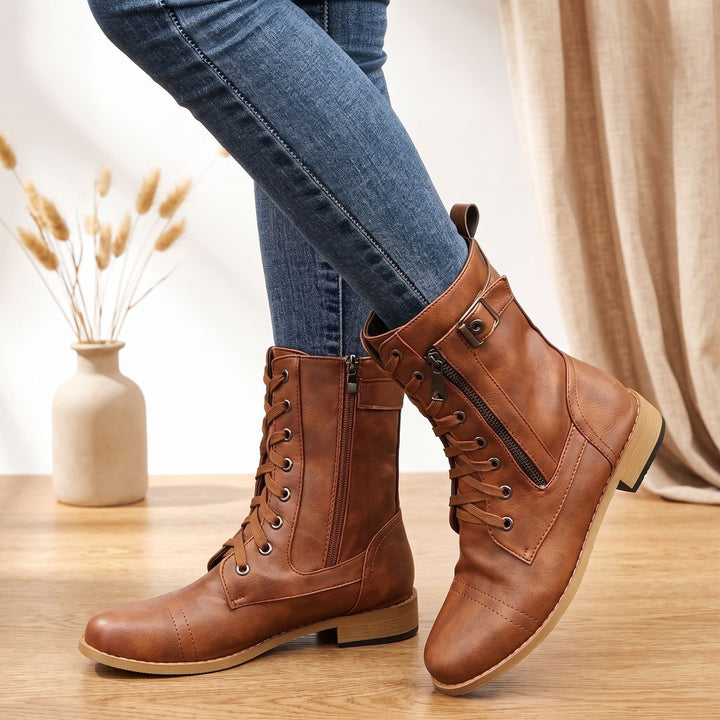 Women's Orthopedic Lace-Up Side-Zip Combat Ankle Boots - Light Brown