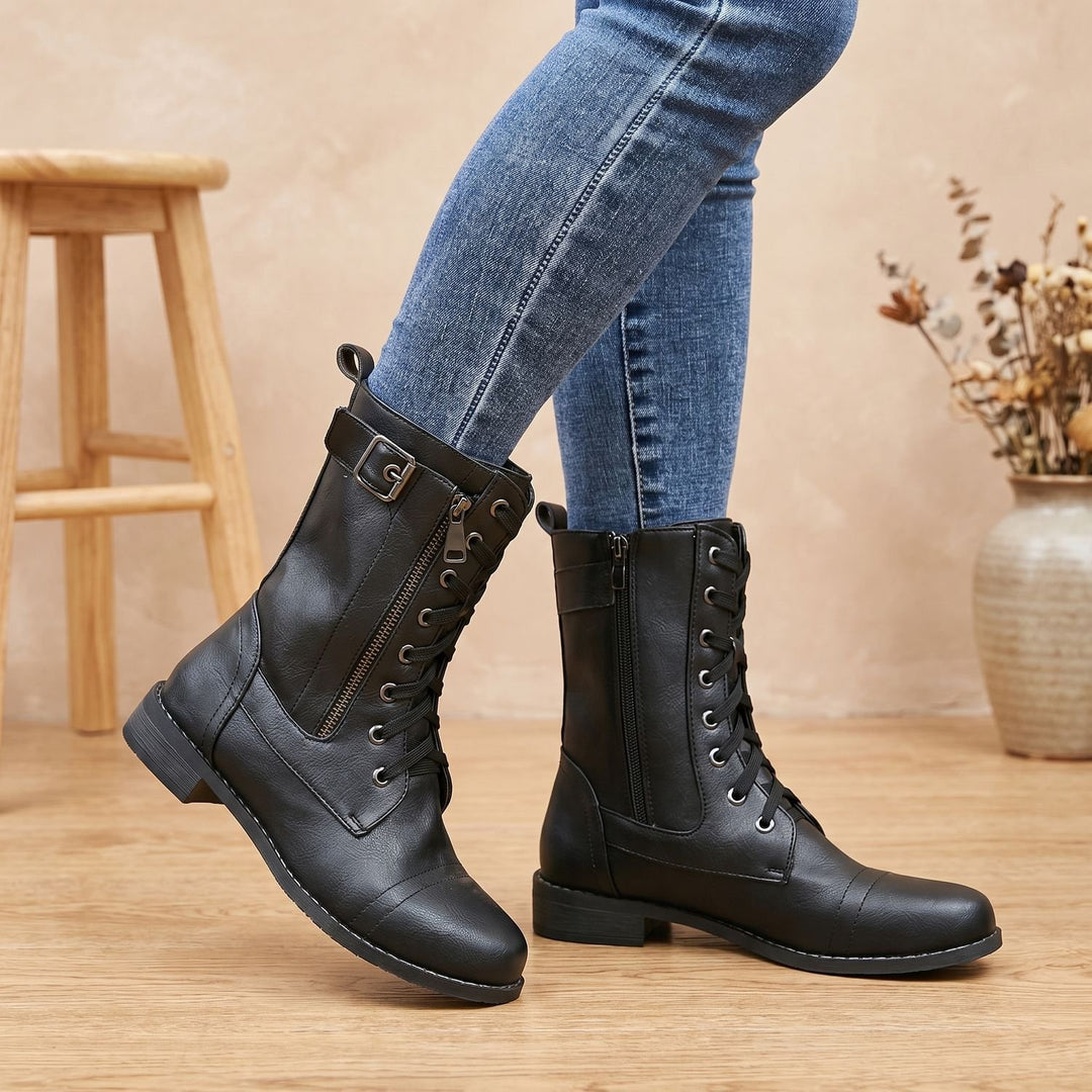 Women's Orthopedic Lace-Up Side-Zip Combat Ankle Boots - Black