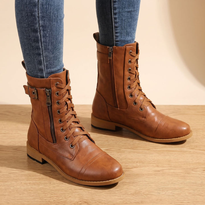 Women's Orthopedic Lace-Up Side-Zip Combat Ankle Boots, Brown - Brown